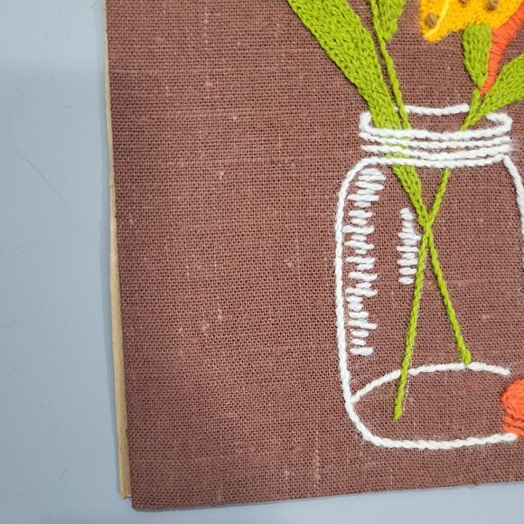Vintage Embroidery Art Brown Orange Yellow Lilies in Mason Jar 70s Mid Century - Picture 6 of 7
